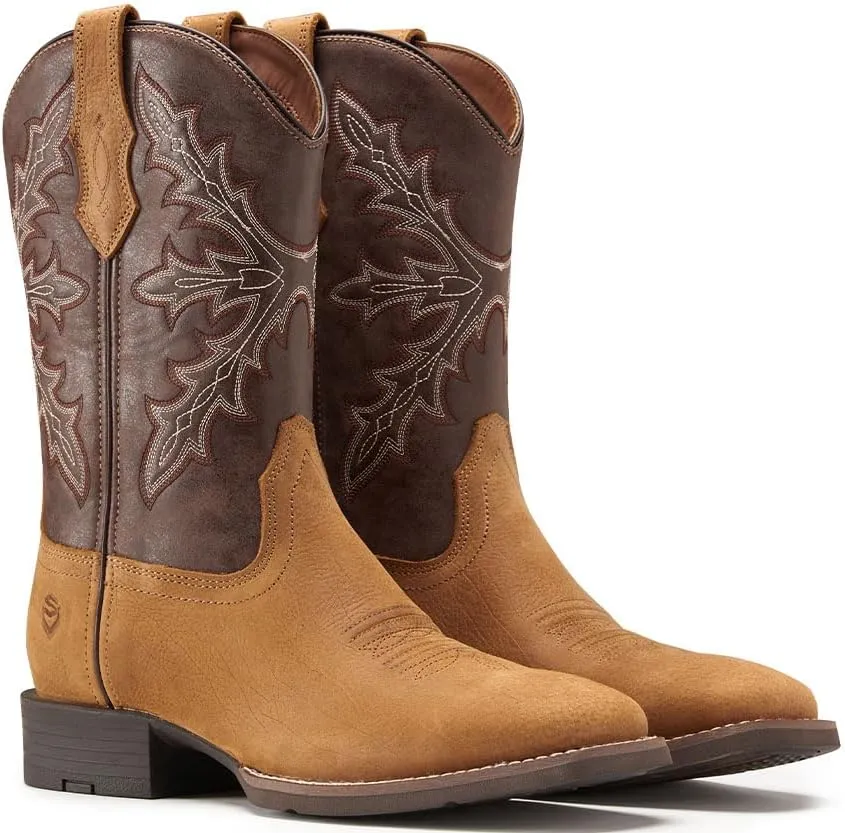 SUREWAY Western Boots For Men - Mens Square Toe Cowboy Boot,Oil/Slip Resistant,Durable Fashionable Classic Pull on 10 Inch Boots Mid Calf Wellington Boots