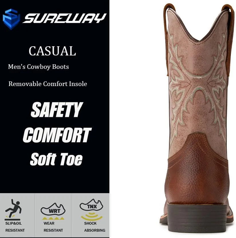 SUREWAY Western Boots For Men - Mens Square Toe Cowboy Boot,Oil/Slip Resistant,Durable Fashionable Classic Pull on 10 Inch Boots Mid Calf Wellington Boots