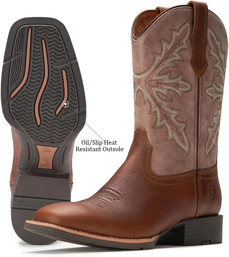 SUREWAY Western Boots For Men - Mens Square Toe Cowboy Boot,Oil/Slip Resistant,Durable Fashionable Classic Pull on 10 Inch Boots Mid Calf Wellington Boots