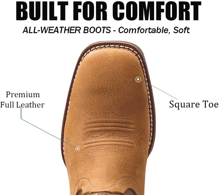 SUREWAY Western Boots For Men - Mens Square Toe Cowboy Boot,Oil/Slip Resistant,Durable Fashionable Classic Pull on 10 Inch Boots Mid Calf Wellington Boots