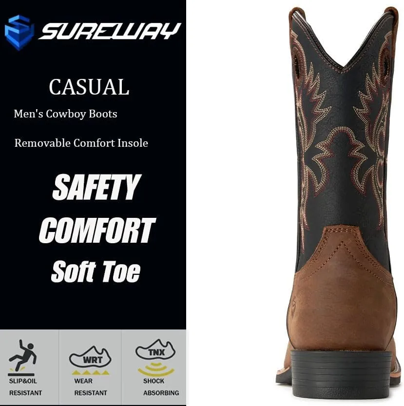 SUREWAY Western Boots For Men - Mens Square Toe Cowboy Boot,Oil/Slip Resistant,Durable Fashionable Classic Pull on 10 Inch Boots,Mid Calf Soft toe Wellington Boots
