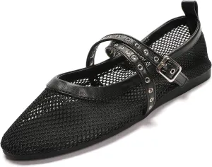 SWDZM Mesh Ballet Flats for Women Buckle Strap Comfy Casual Office Fishnet Ballerina Mary Jane Flat Shoes