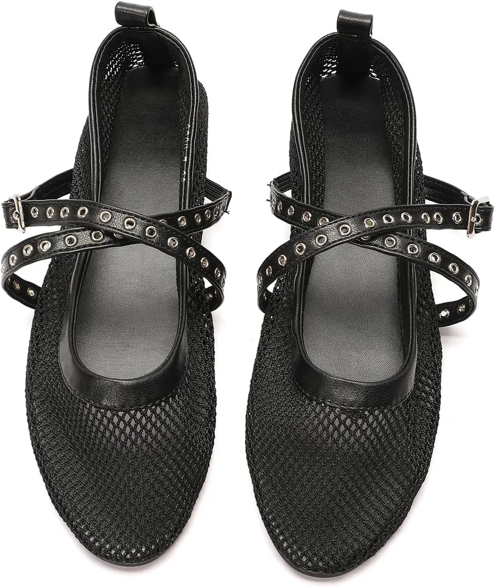 SWDZM Mesh Ballet Flats for Women Buckle Strap Comfy Casual Office Fishnet Ballerina Mary Jane Flat Shoes