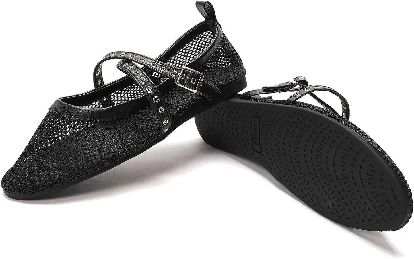 SWDZM Mesh Ballet Flats for Women Buckle Strap Comfy Casual Office Fishnet Ballerina Mary Jane Flat Shoes