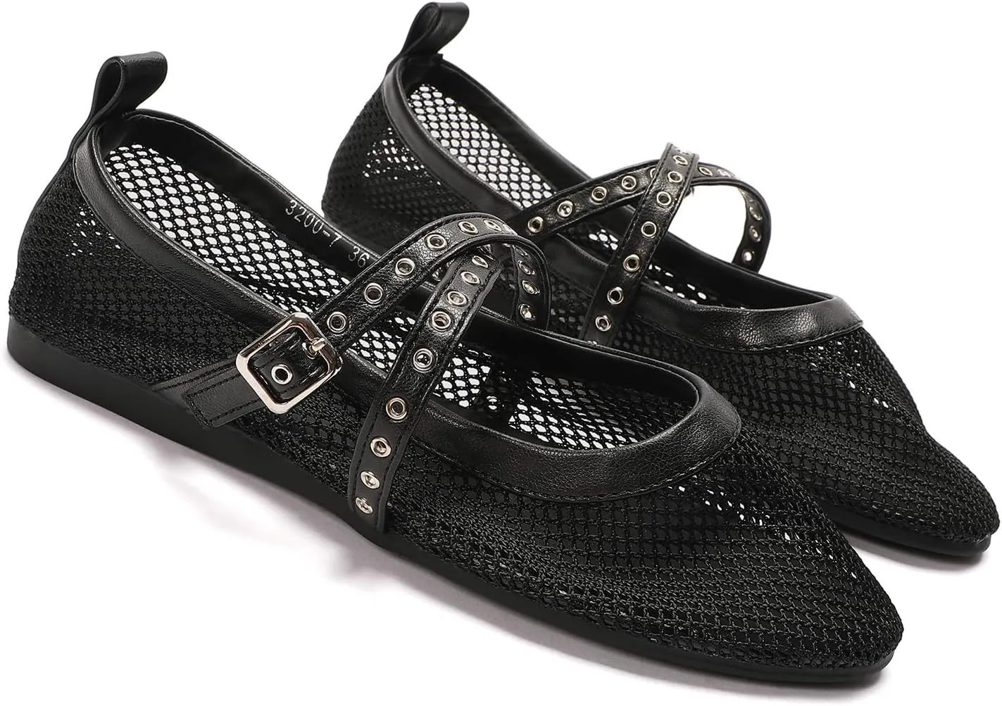 SWDZM Mesh Ballet Flats for Women Buckle Strap Comfy Casual Office Fishnet Ballerina Mary Jane Flat Shoes