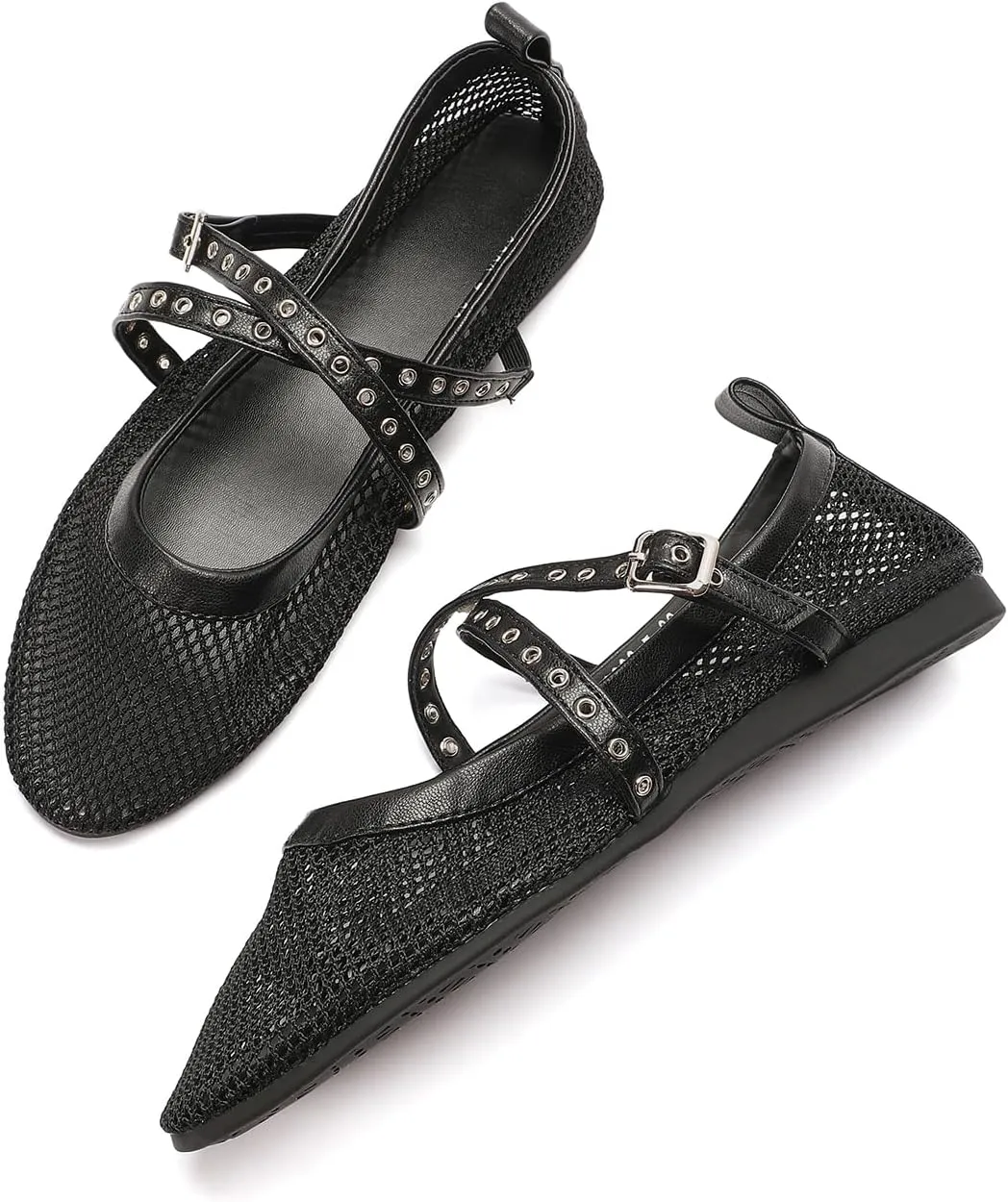 SWDZM Mesh Ballet Flats for Women Buckle Strap Comfy Casual Office Fishnet Ballerina Mary Jane Flat Shoes