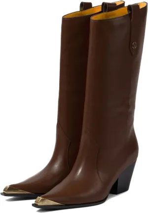 THESHY Women's Western Knee High Boots Leather Cowboy Chunky Block Heel Boot Pointed Toe Pull on Fashion Dress Party Boots for Women