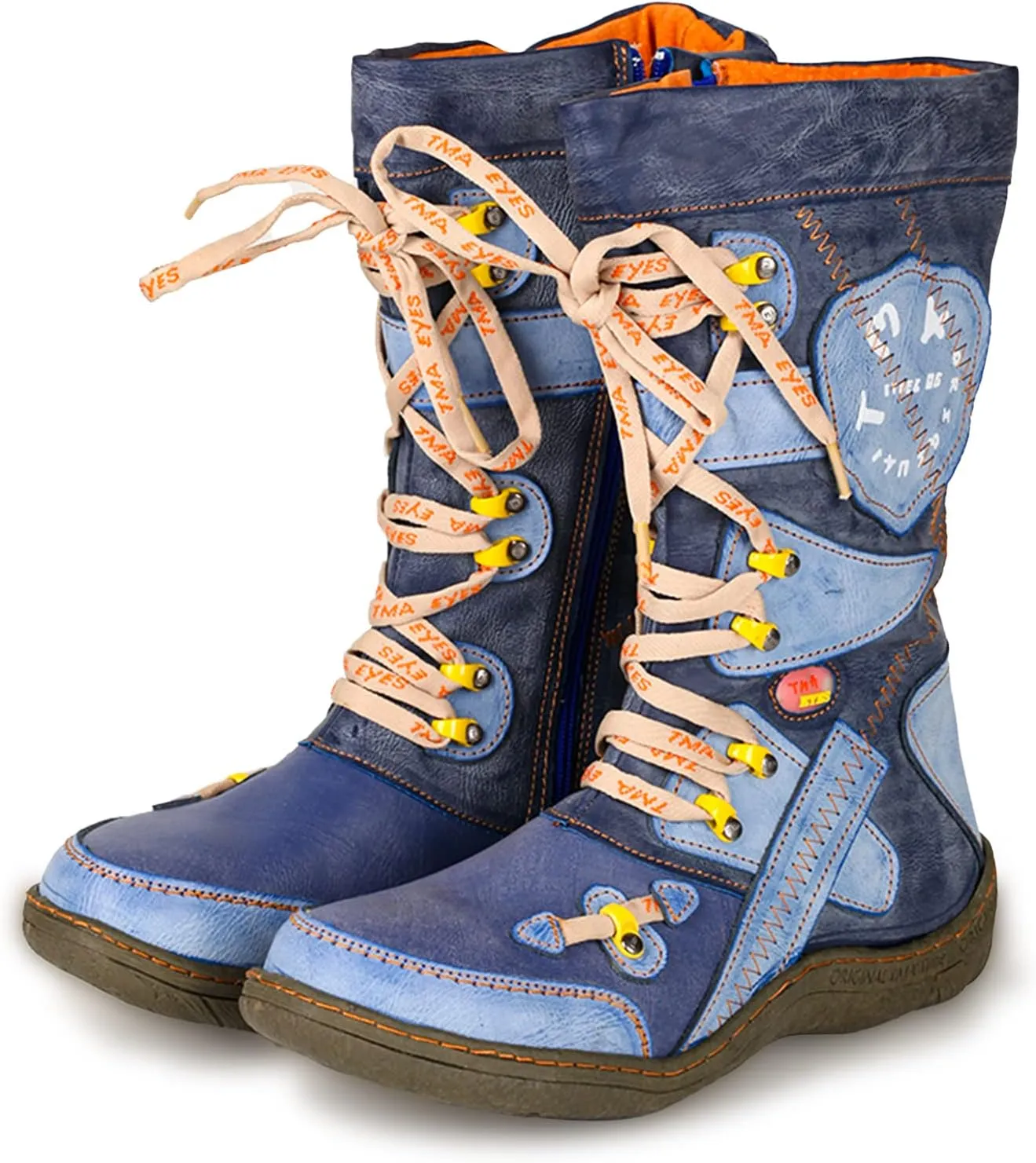 TMA EYES Patchwork Stitch-Detail PU Leather Mid-Calf Women's Boot