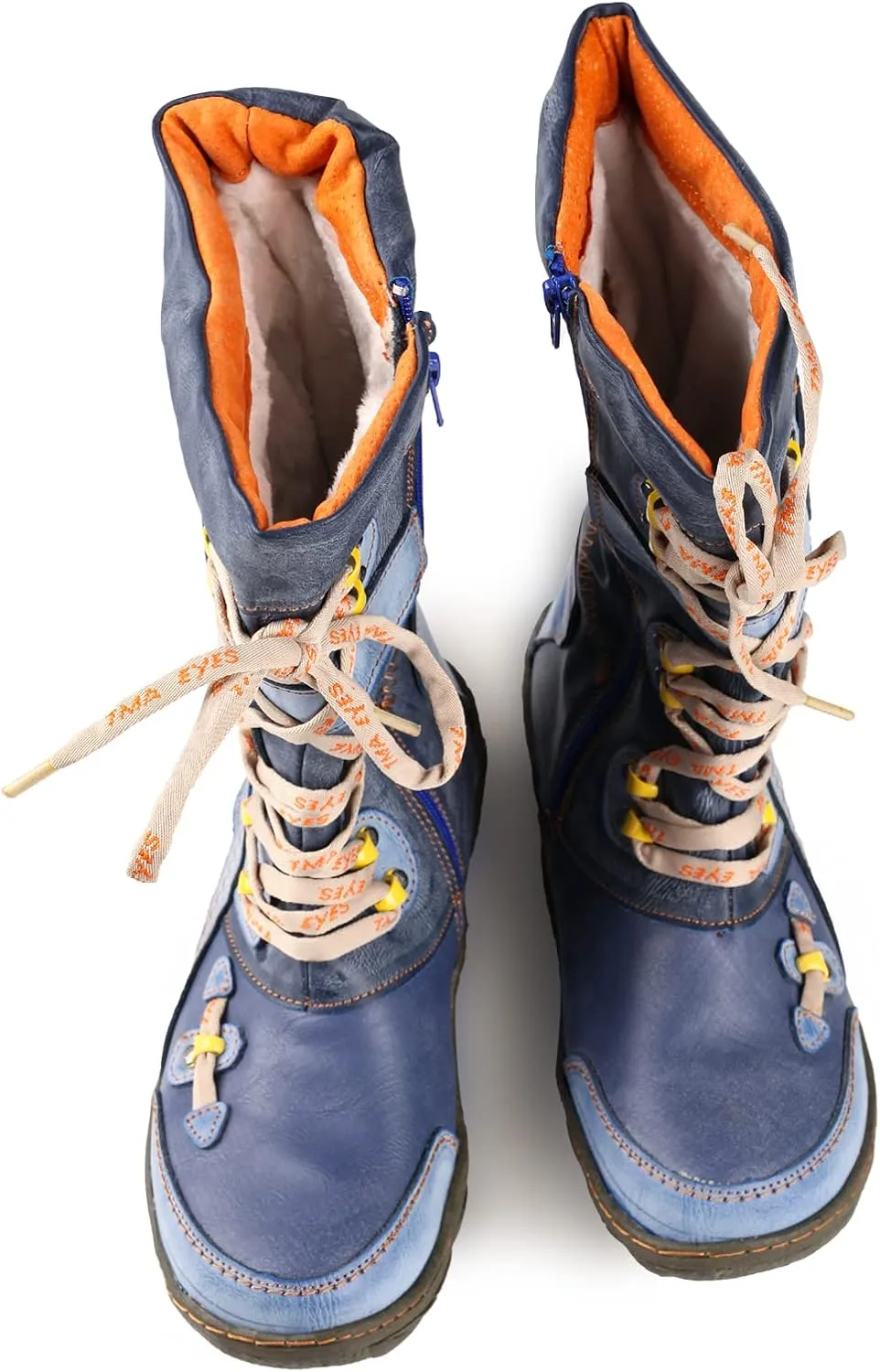 TMA EYES Patchwork Stitch-Detail PU Leather Mid-Calf Women's Boot