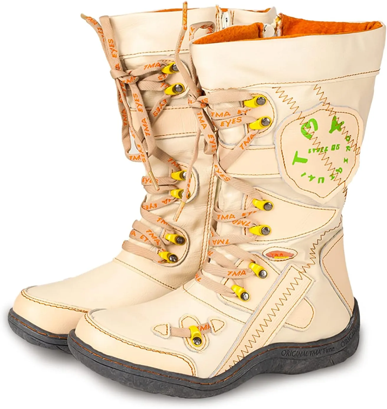 TMA EYES Patchwork Stitch-Detail PU Leather Mid-Calf Women's Boot