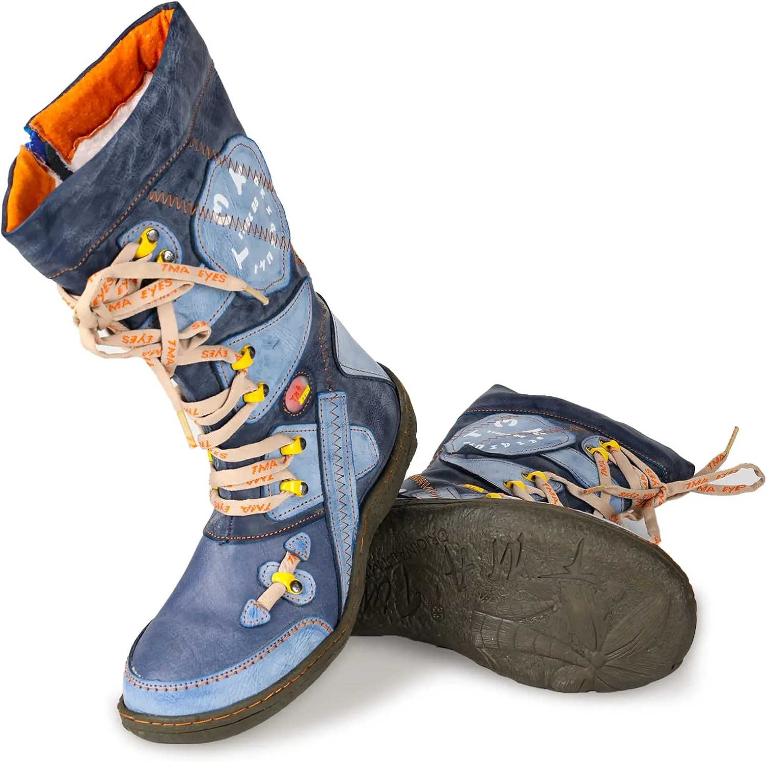 TMA EYES Patchwork Stitch-Detail PU Leather Mid-Calf Women's Boot
