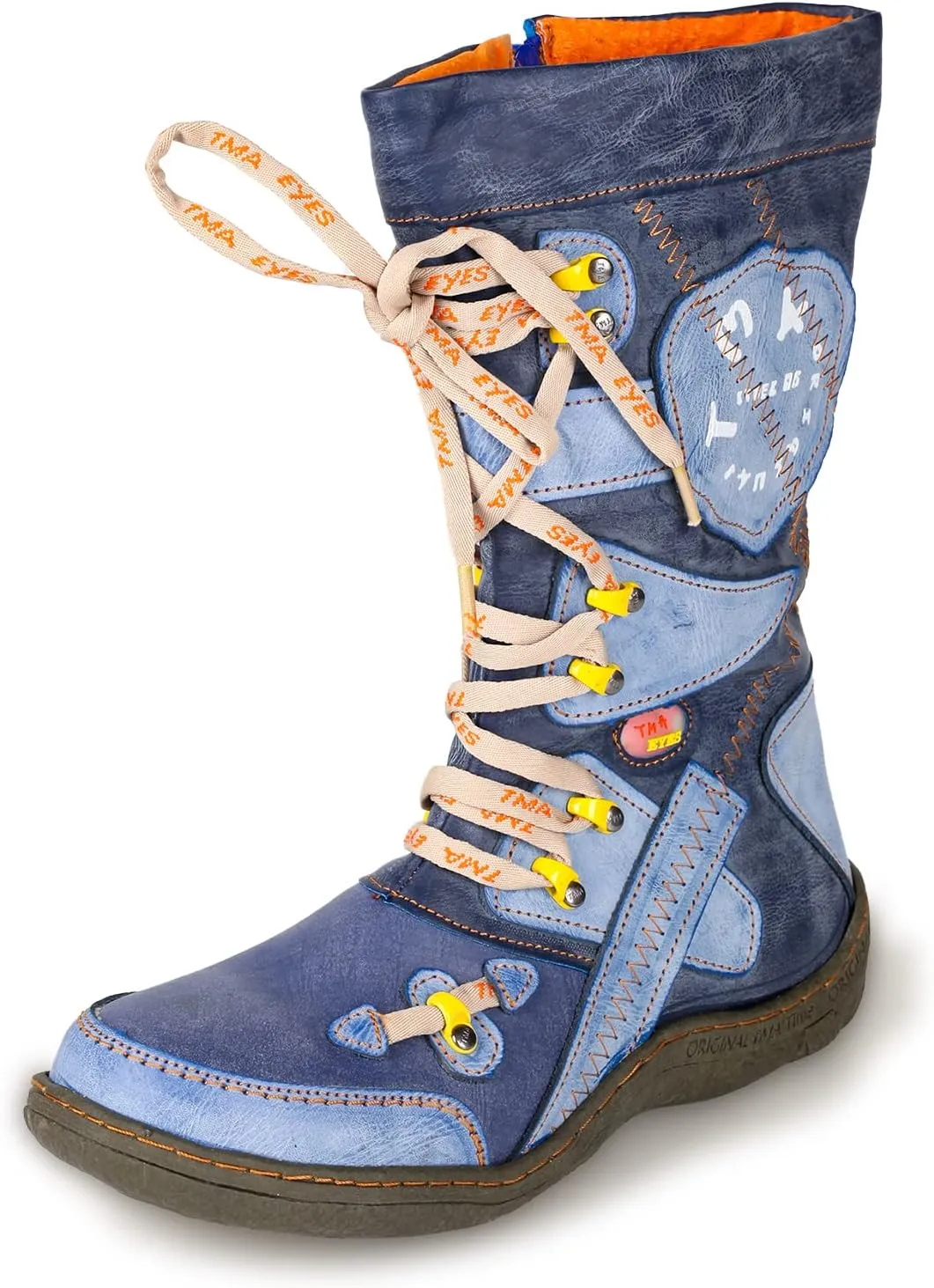TMA EYES Patchwork Stitch-Detail PU Leather Mid-Calf Women's Boot