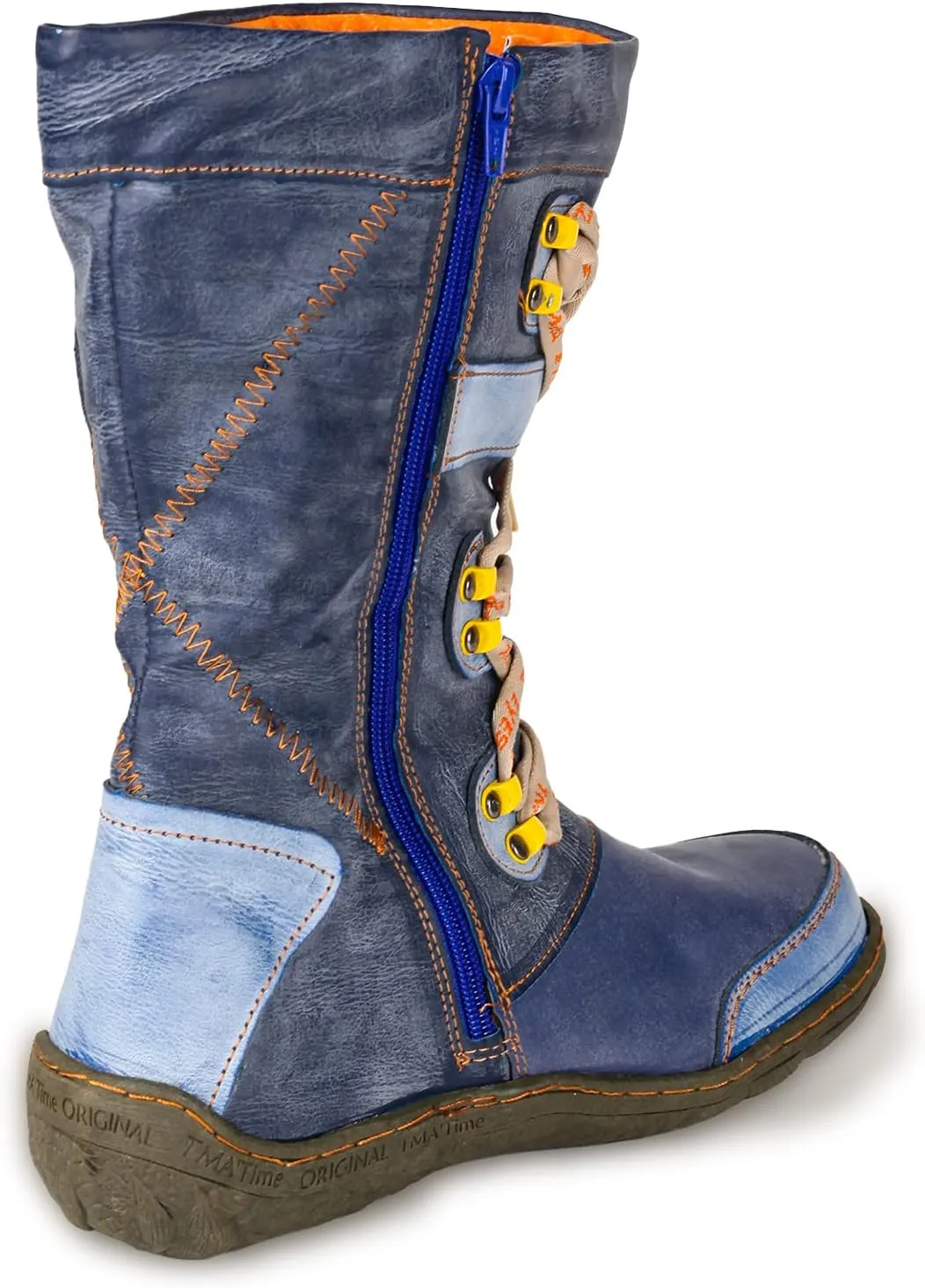 TMA EYES Patchwork Stitch-Detail PU Leather Mid-Calf Women's Boot