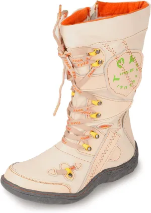TMA EYES Patchwork Stitch-Detail PU Leather Mid-Calf Women's Boot