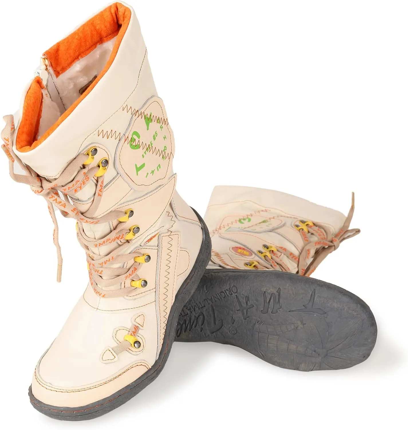 TMA EYES Patchwork Stitch-Detail PU Leather Mid-Calf Women's Boot