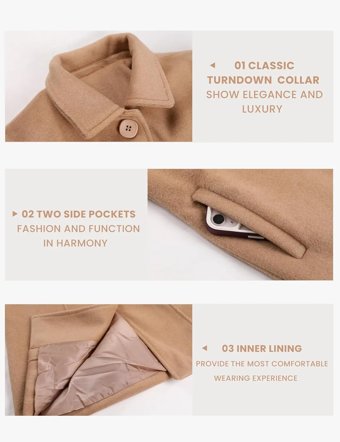 UANEO Womens Peacoat Faux Wool Blend Single Breasted Long Trench Coat Dress Overcoat Winter with Pockets