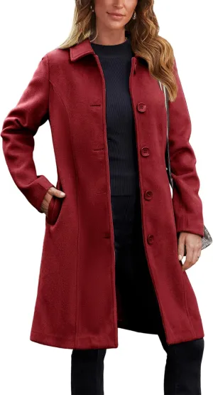 UANEO Womens Peacoat Faux Wool Blend Single Breasted Long Trench Coat Dress Overcoat Winter with Pockets