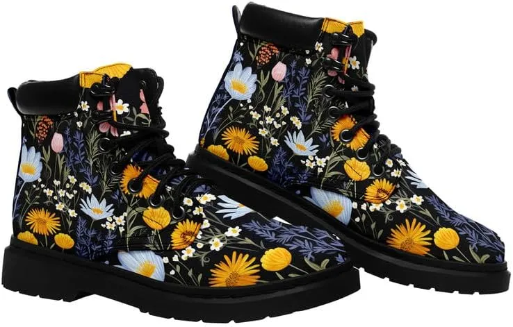 Unisex Mid-top Combat Boots for Men Women Lightweight Fashion Flower Ankle Boots Non-Slip Lace-Up Bootie for Girl