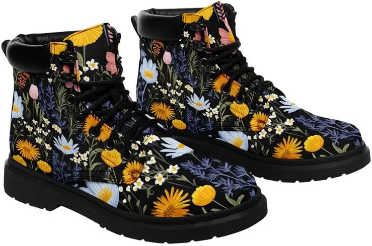 Unisex Mid-top Combat Boots for Men Women Lightweight Fashion Flower Ankle Boots Non-Slip Lace-Up Bootie for Girl