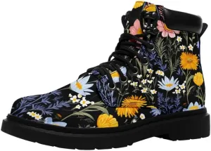 Unisex Mid-top Combat Boots for Men Women Lightweight Fashion Flower Ankle Boots Non-Slip Lace-Up Bootie for Girl