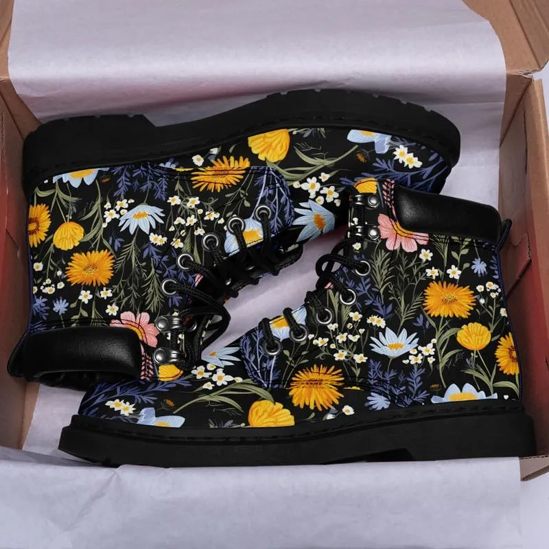 Unisex Mid-top Combat Boots for Men Women Lightweight Fashion Flower Ankle Boots Non-Slip Lace-Up Bootie for Girl