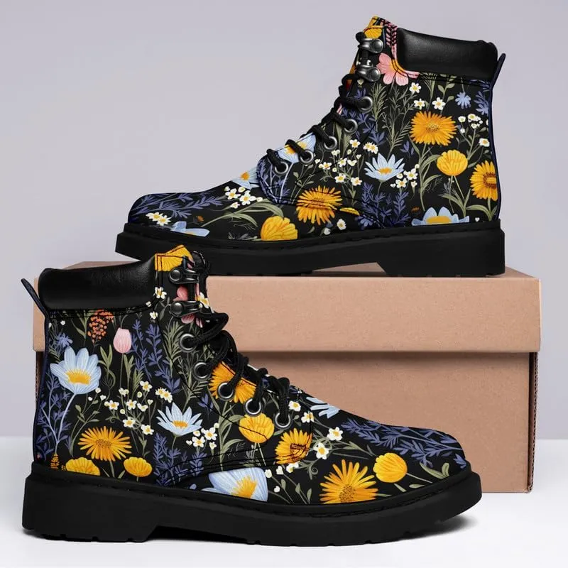 Unisex Mid-top Combat Boots for Men Women Lightweight Fashion Flower Ankle Boots Non-Slip Lace-Up Bootie for Girl