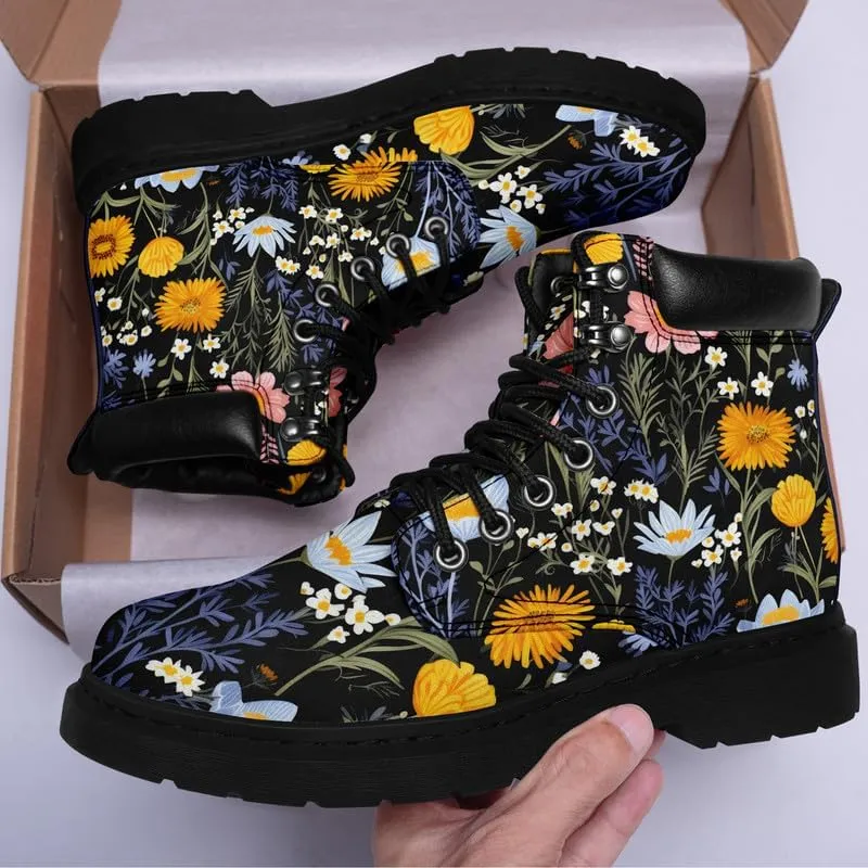 Unisex Mid-top Combat Boots for Men Women Lightweight Fashion Flower Ankle Boots Non-Slip Lace-Up Bootie for Girl