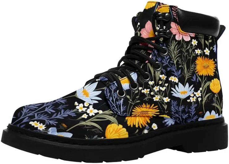 Unisex Mid-top Combat Boots for Men Women Lightweight Fashion Flower Ankle Boots Non-Slip Lace-Up Bootie for Girl