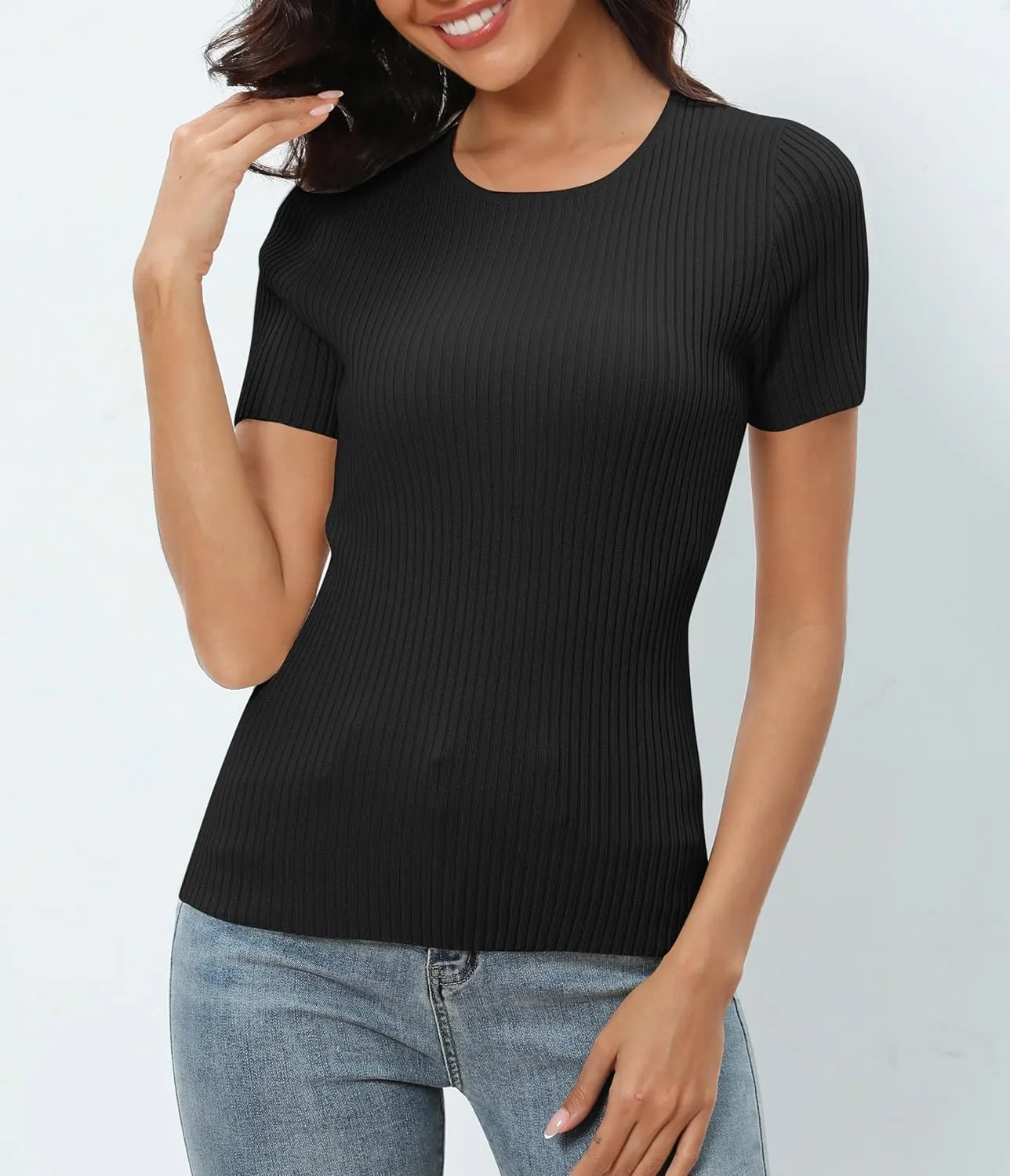 Urban CoCo Women's Short Sleeve T Shirts Summer Crewneck Tops Ribbed Knit Slim Fit Shirt Casual Basic Tees Tops