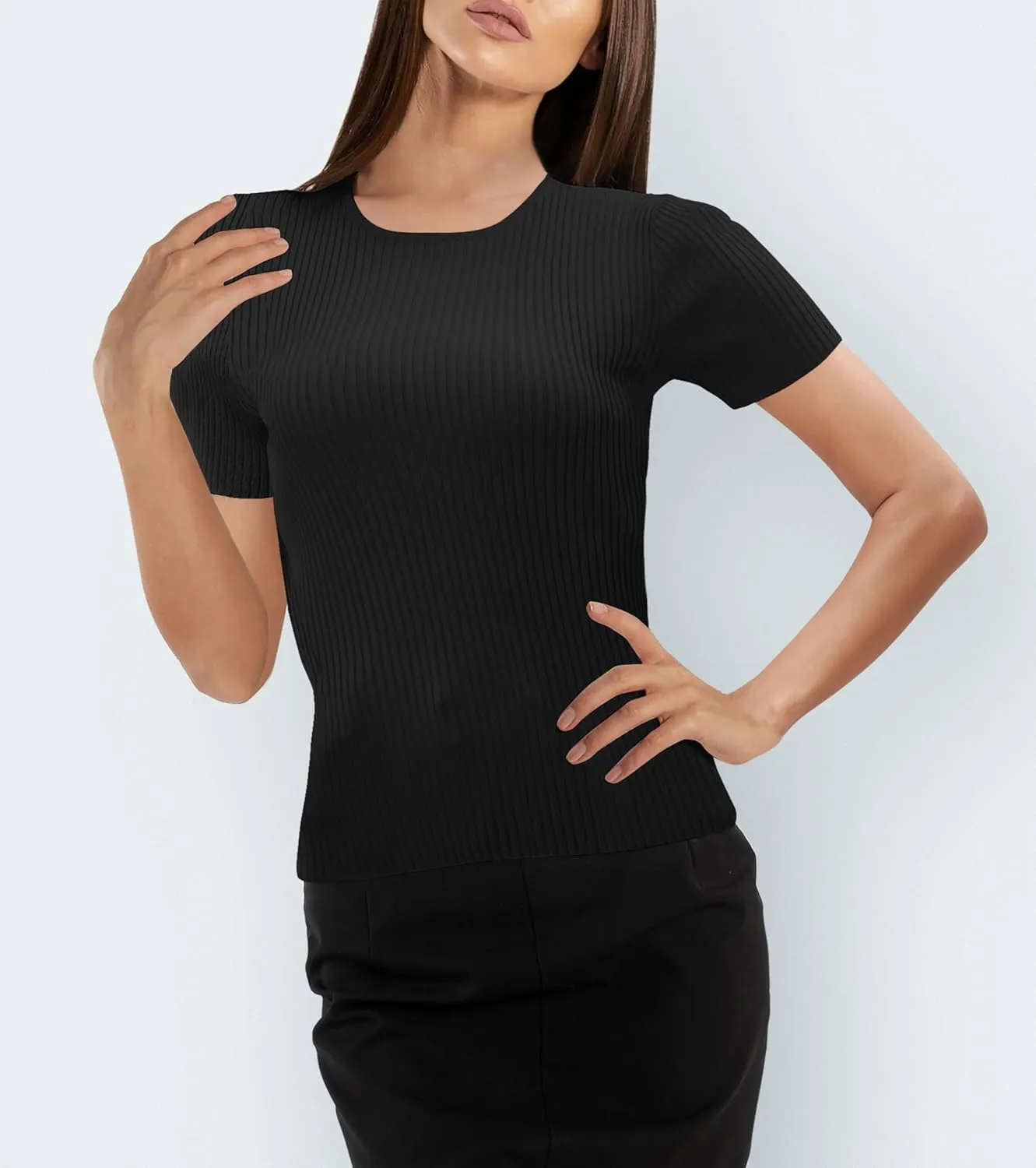 Urban CoCo Women's Short Sleeve T Shirts Summer Crewneck Tops Ribbed Knit Slim Fit Shirt Casual Basic Tees Tops