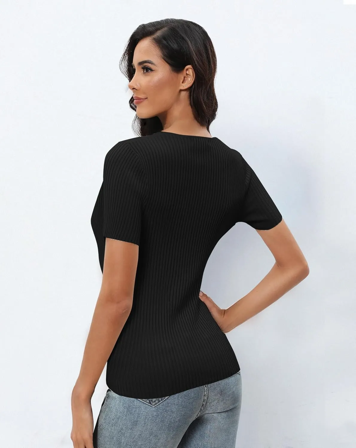Urban CoCo Women's Short Sleeve T Shirts Summer Crewneck Tops Ribbed Knit Slim Fit Shirt Casual Basic Tees Tops