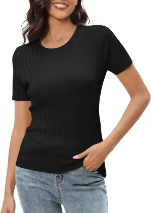 Urban CoCo Women's Short Sleeve T Shirts Summer Crewneck Tops Ribbed Knit Slim Fit Shirt Casual Basic Tees Tops