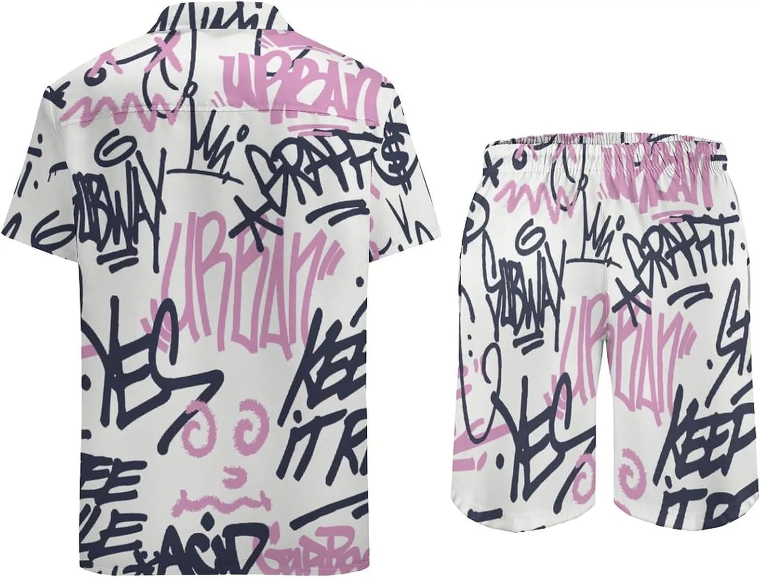 Urban Street Art Graffiti Men's 2 Pieces Set Short Beach Outfits,Summer Casual Button Short Sets with Pockets