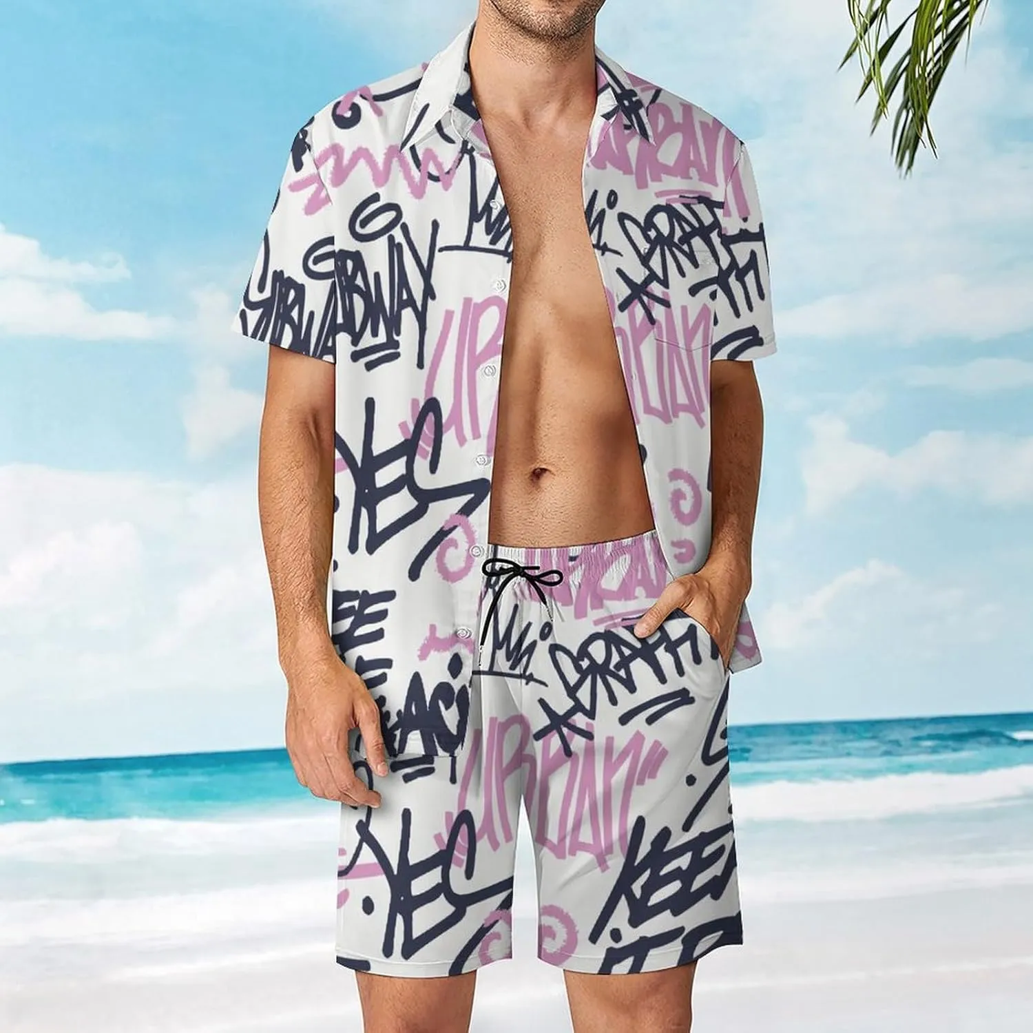 Urban Street Art Graffiti Men's 2 Pieces Set Short Beach Outfits,Summer Casual Button Short Sets with Pockets