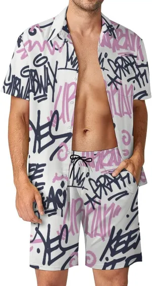 Urban Street Art Graffiti Men's 2 Pieces Set Short Beach Outfits,Summer Casual Button Short Sets with Pockets