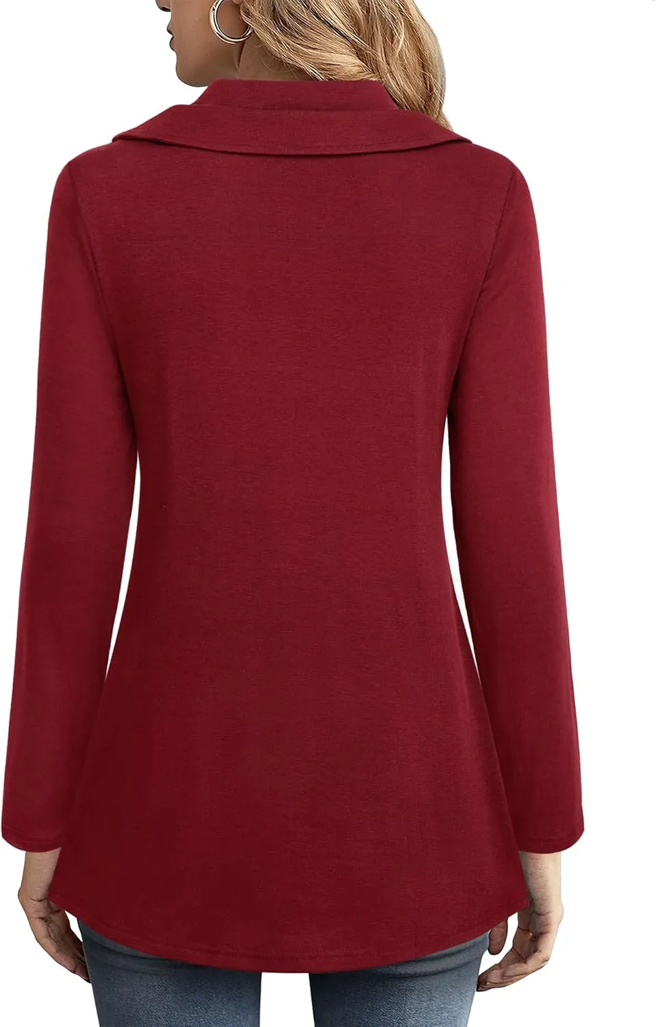 VALOLIA Womens Long Sleeve Tops Fall Winter Buttons Side Tulip Hem Lapel Pullover Sweatshirt