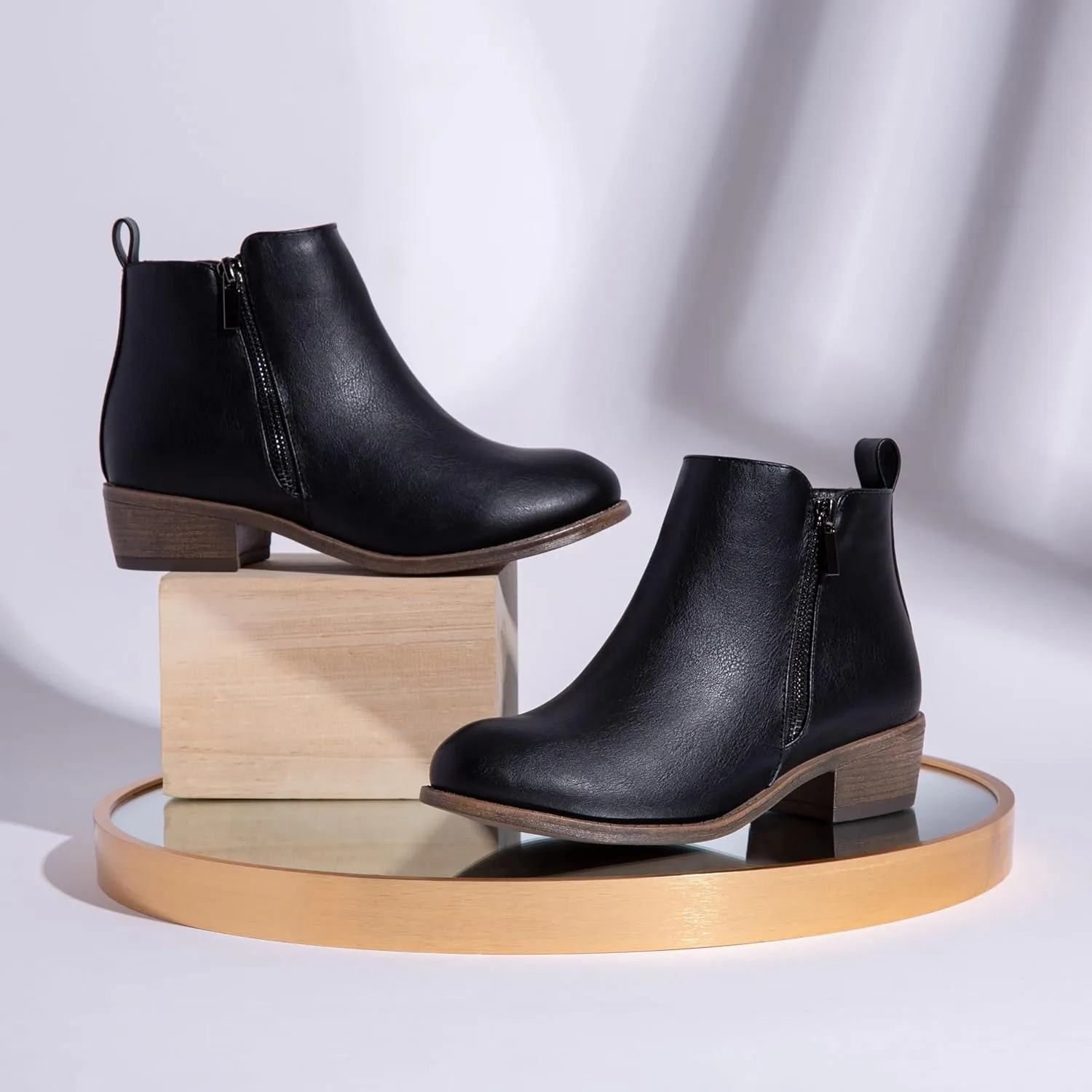 Vepose Women's Ankle Boots Low Heel Casual Boot Round Toe Zipper Booties for Women