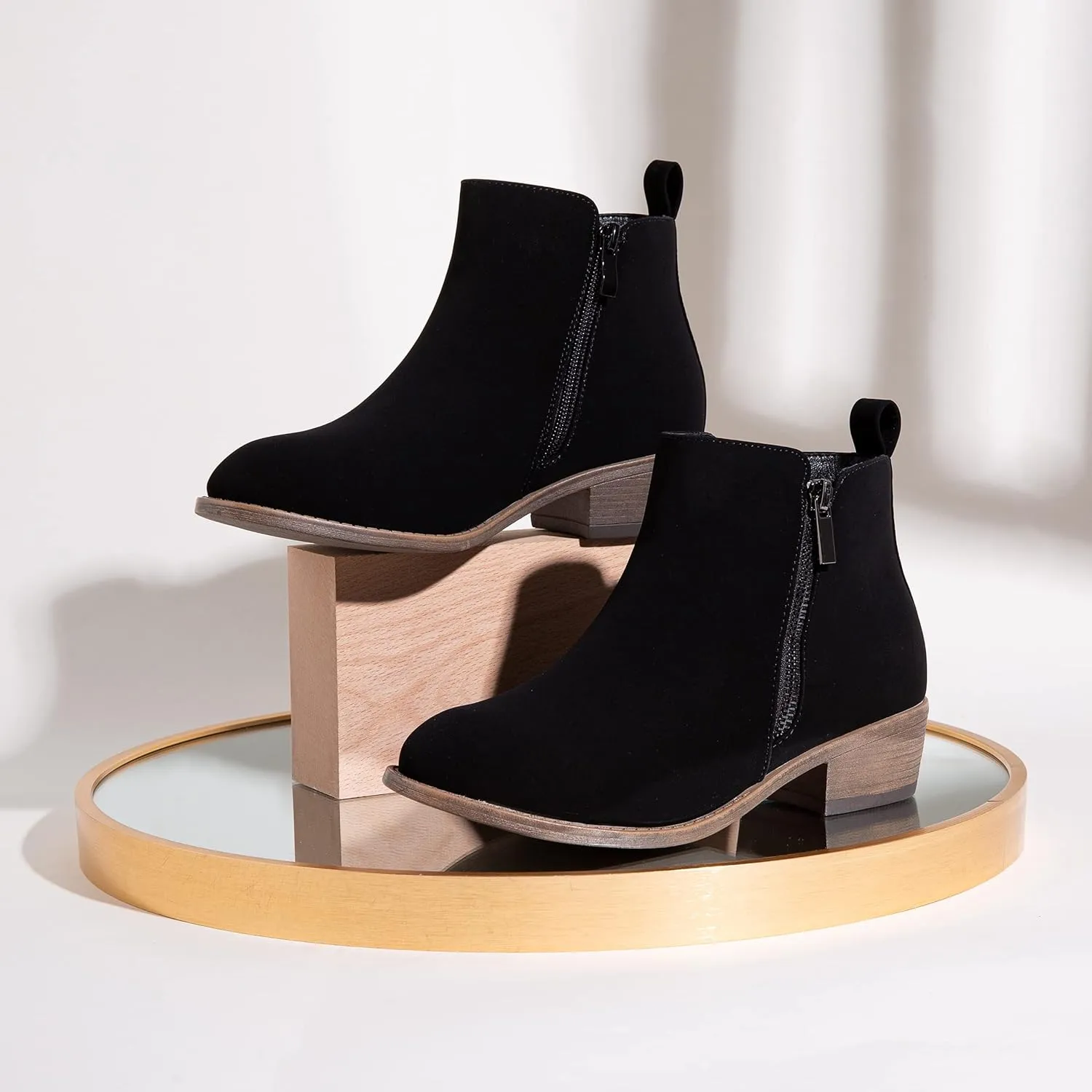 Vepose Women's Ankle Boots Low Heel Casual Boot Round Toe Zipper Booties for Women
