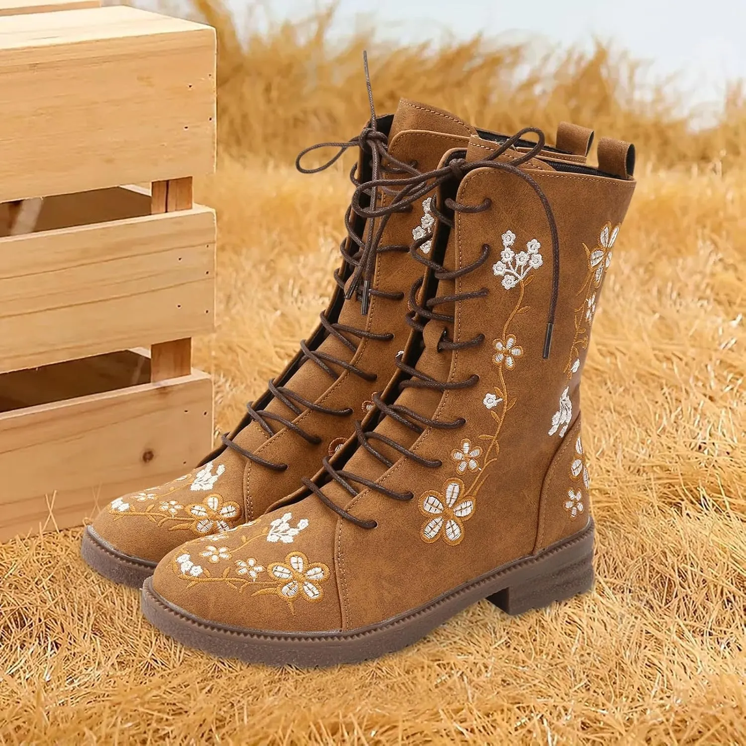 Vintage Combat Boots for Women - Floral Embroidered Suede - Lace Up Low Heel Riding Ankle Booties - 2024 Fall Winter Boots