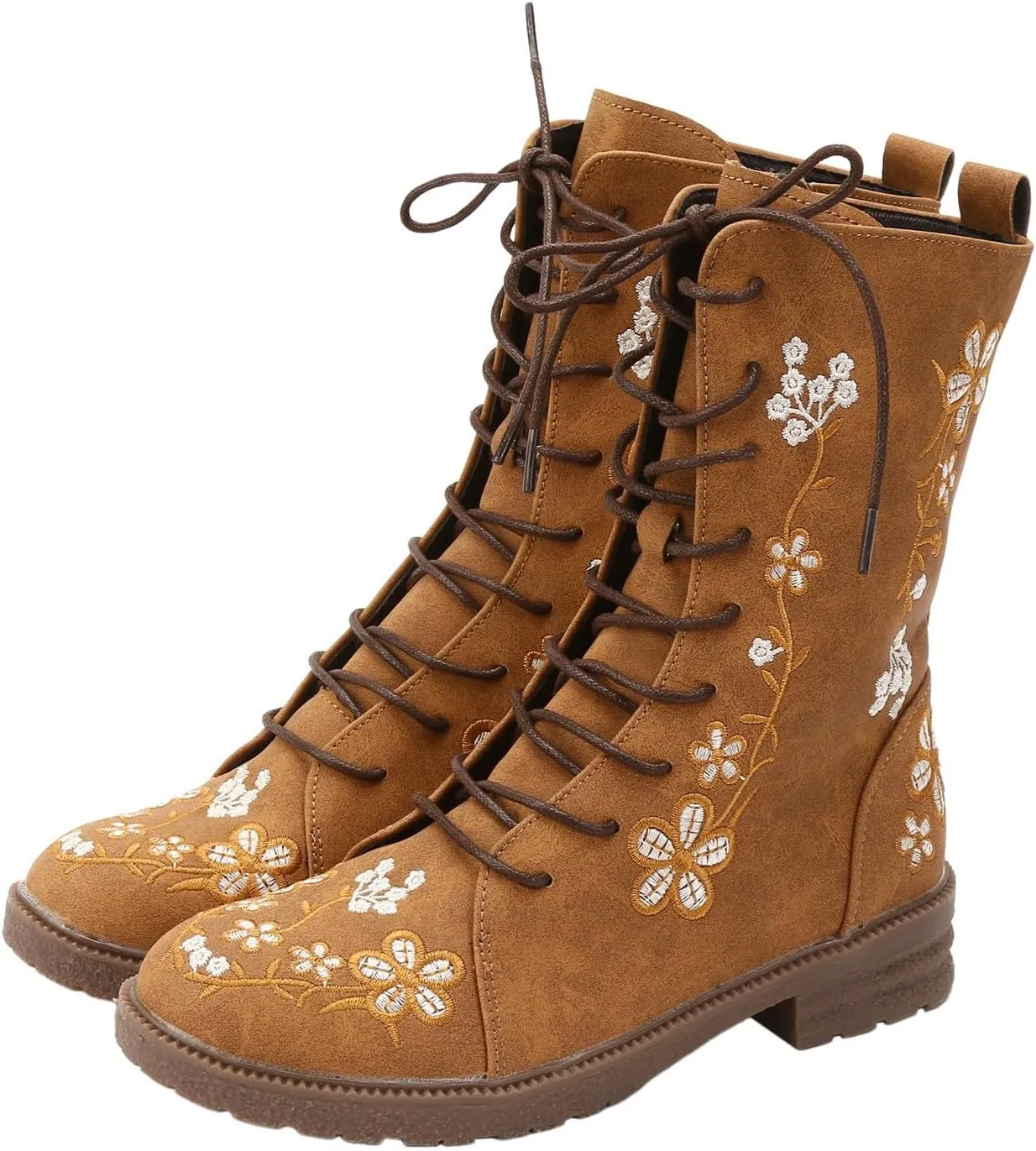 Vintage Combat Boots for Women - Floral Embroidered Suede - Lace Up Low Heel Riding Ankle Booties - 2024 Fall Winter Boots
