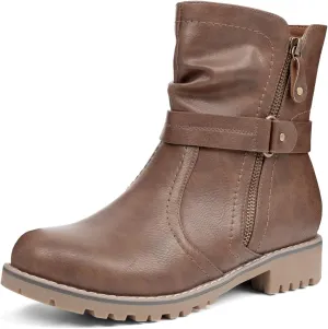 VJH confort Women's Mid Calf Boots, Slouchy Buckle Straps Side Zipper Comfy Low Heel Closed Toe Booties