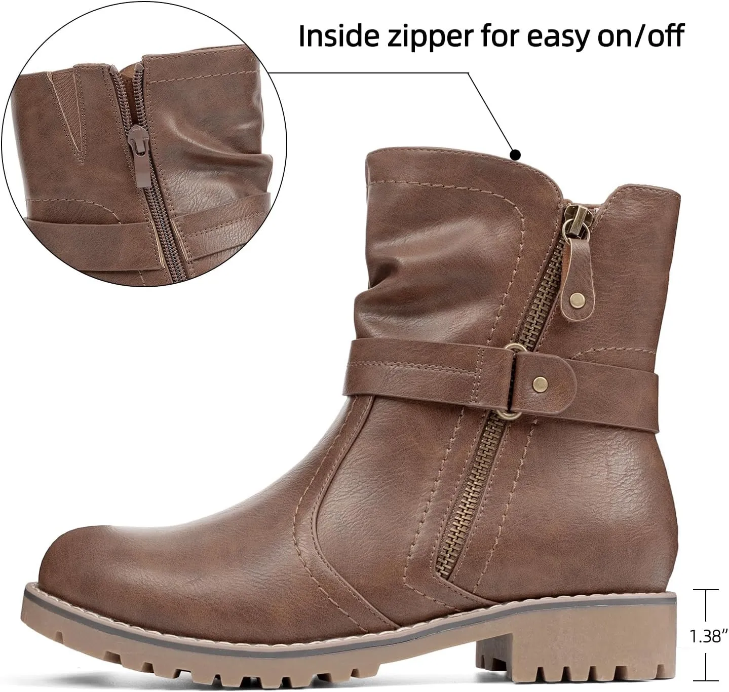 VJH confort Women's Mid Calf Boots, Slouchy Buckle Straps Side Zipper Comfy Low Heel Closed Toe Booties