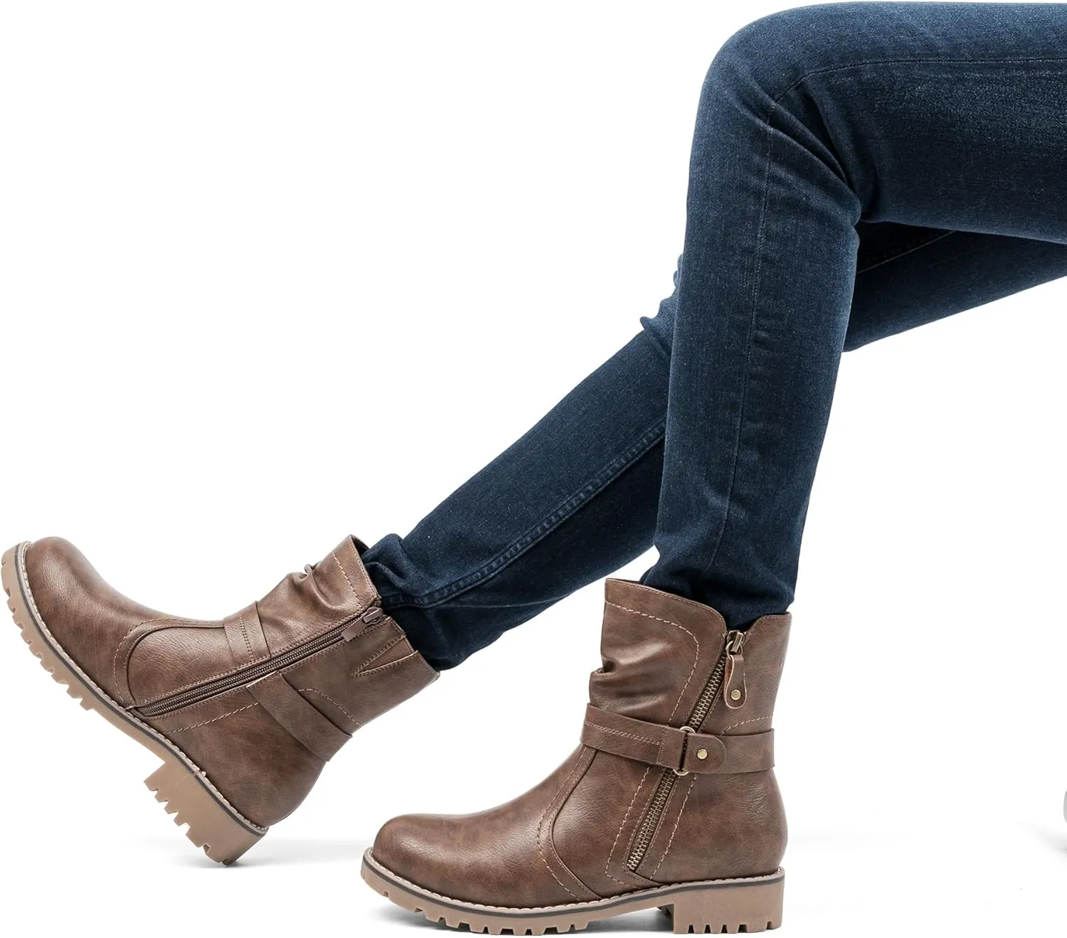 VJH confort Women's Mid Calf Boots, Slouchy Buckle Straps Side Zipper Comfy Low Heel Closed Toe Booties