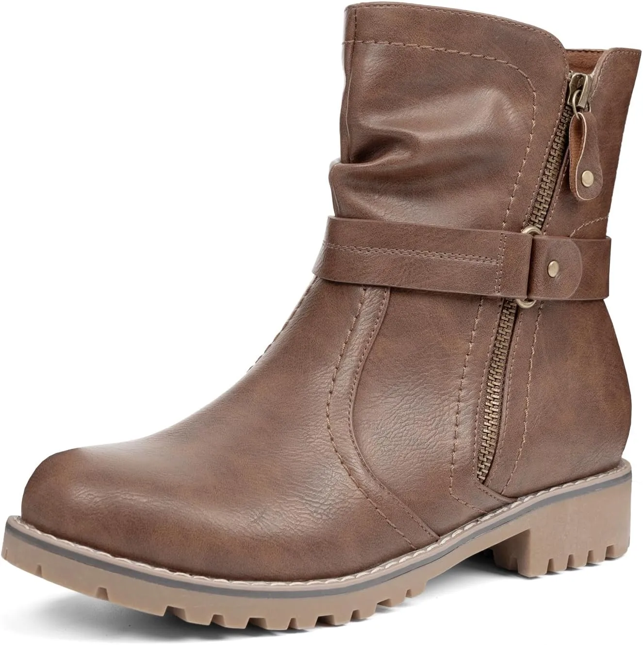 VJH confort Women's Mid Calf Boots, Slouchy Buckle Straps Side Zipper Comfy Low Heel Closed Toe Booties