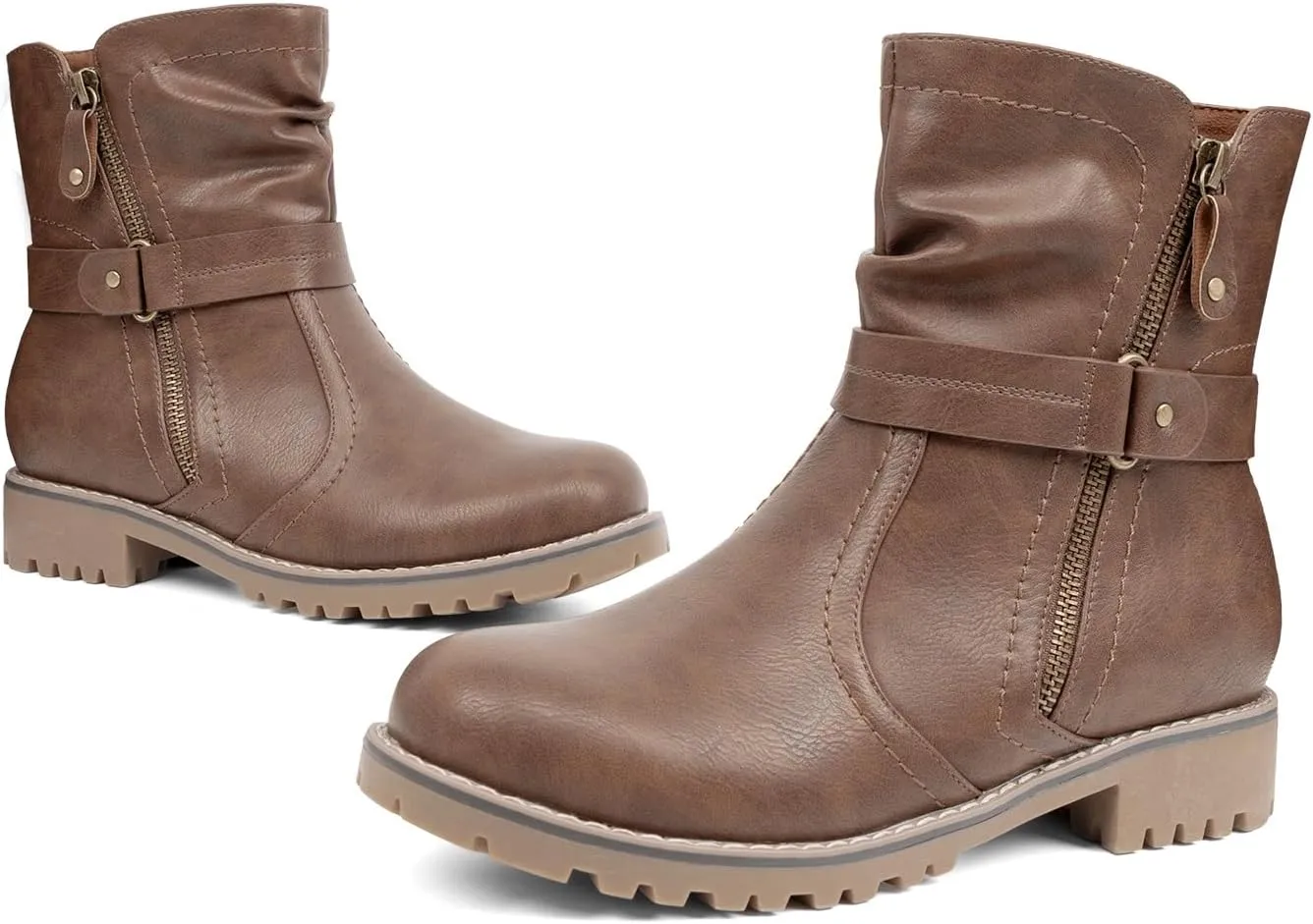 VJH confort Women's Mid Calf Boots, Slouchy Buckle Straps Side Zipper Comfy Low Heel Closed Toe Booties
