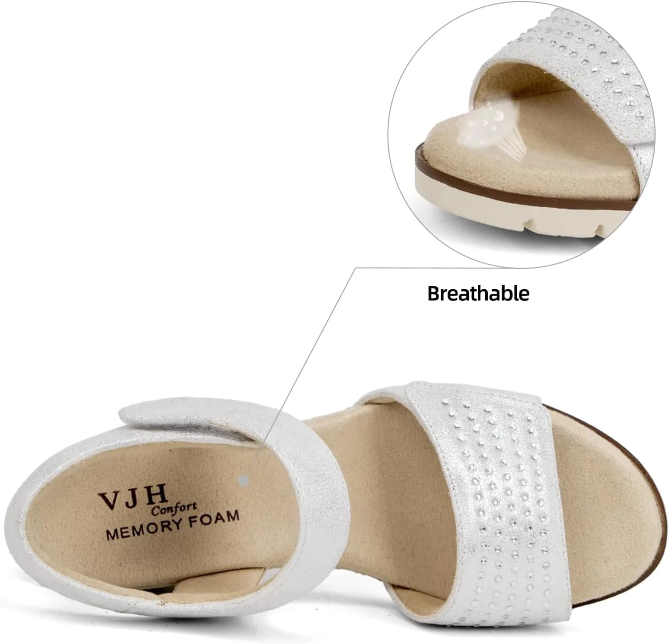 VJH confort Women's Wedge Sandals, Comfort Memory Foam Rhinestone Sandal with Adjustable straps