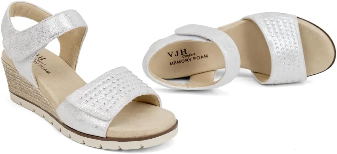 VJH confort Women's Wedge Sandals, Comfort Memory Foam Rhinestone Sandal with Adjustable straps