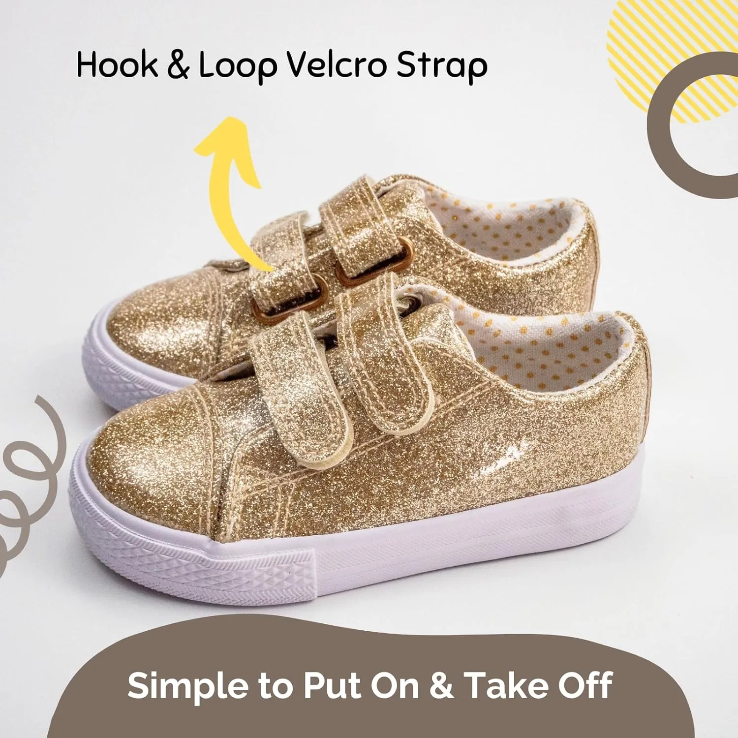 waddle wonder Toddler Glitter Low Top Double Strap Shoes for Boys & Girls, Hook and Loop Laceless Flat Sneaker