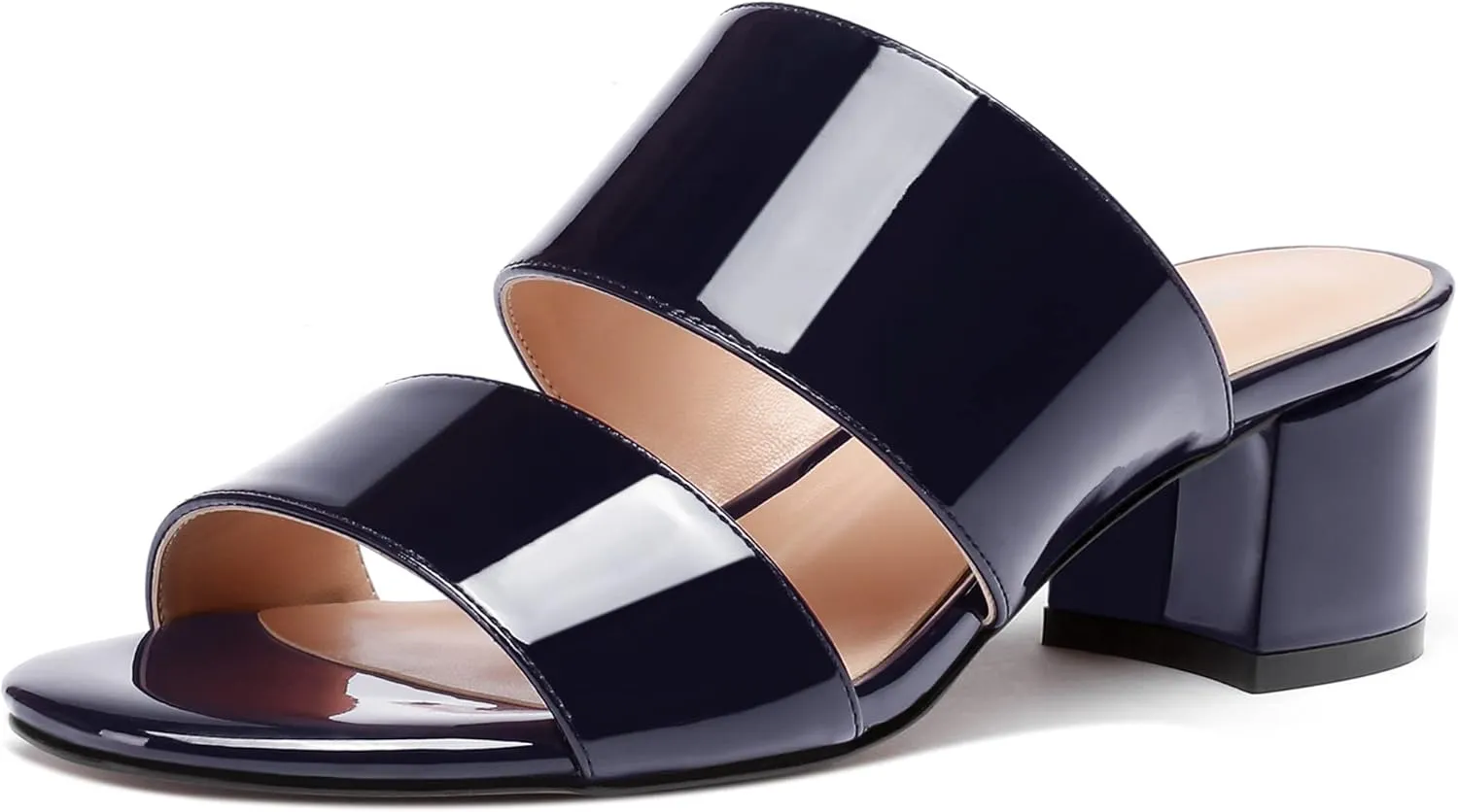 WAYDERNS Women's Slip On Open Toe Patent Chunky Low Heel Slides Two Piece Sandals 2 Inch