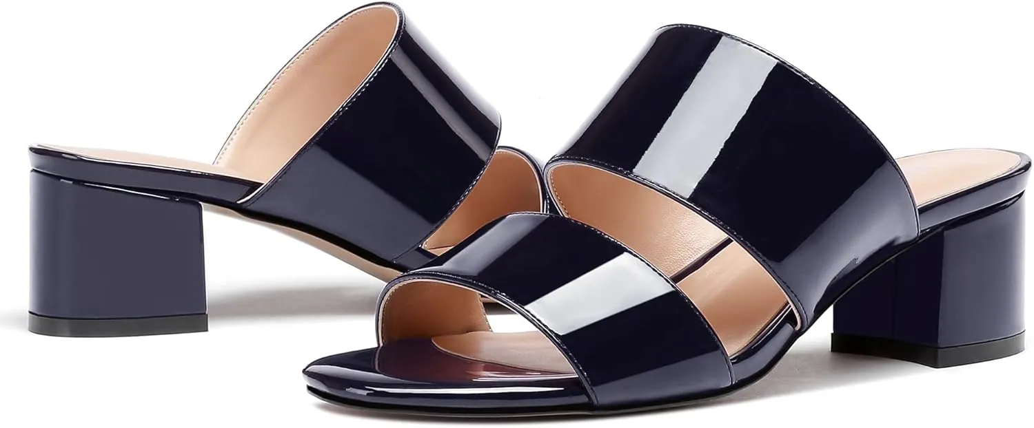 WAYDERNS Women's Slip On Open Toe Patent Chunky Low Heel Slides Two Piece Sandals 2 Inch